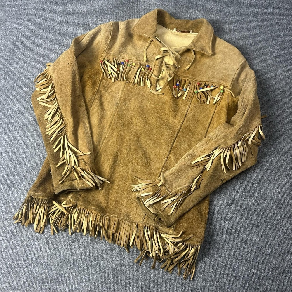 Vintage Berman Buckskin Co Jacket Mens Medium Brown Suede Fringe Beaded Western